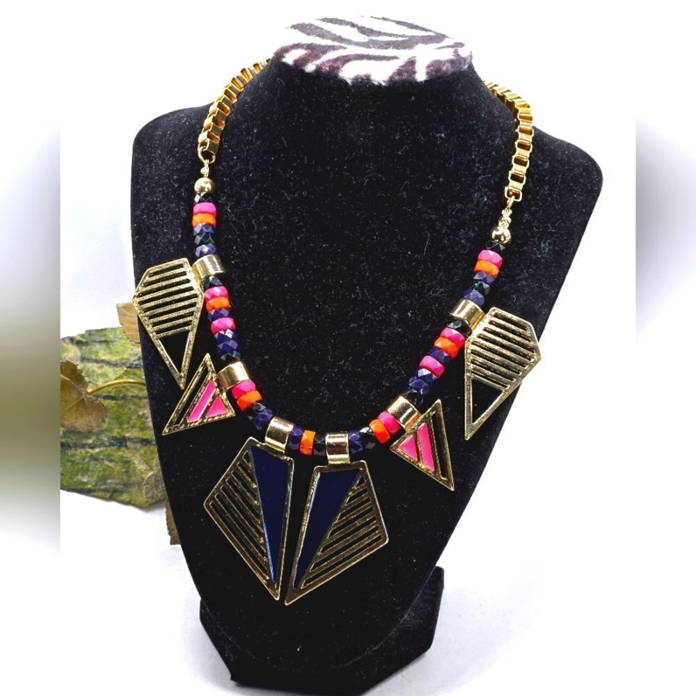 "5/$25" Vtg 80s Retro Multicolored Adjustable Statement Bib Gold Tone Necklace
